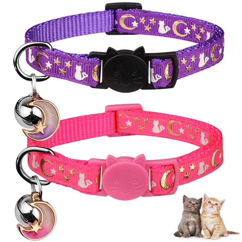Baeuppit 2PCS Breakaway Cat Collars with Bell Moons Stars Cute Kitty Adjustable Safe Kitten Collars with Pendant Glow in The Dark(Purple&Pink) - Image 1